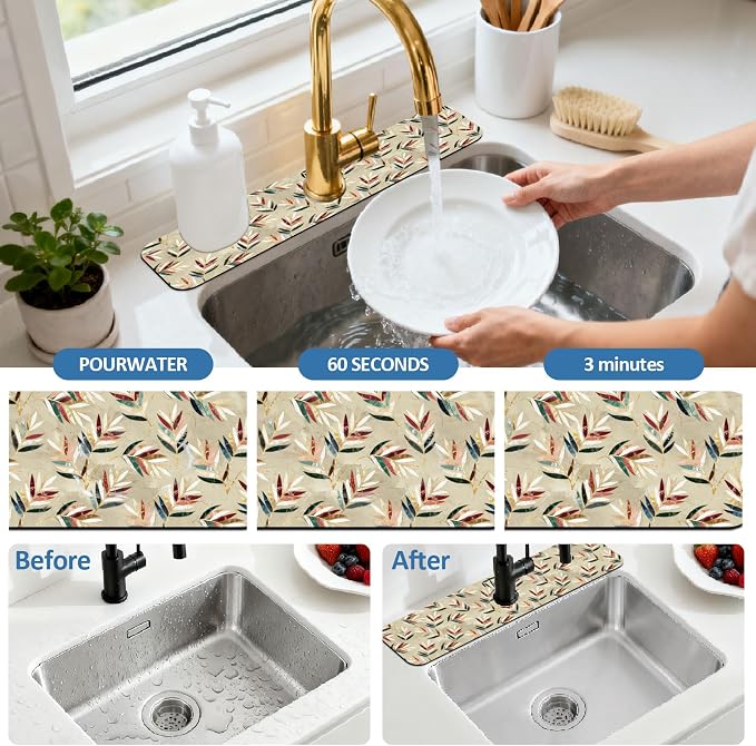 2 Pcs Kitchen Sink Splash Guard Faucet Mat Artistic Leaves Faucet Mat - Image 5