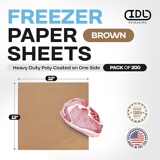 Brown Freezer Paper Sheets 12" x 12", Pack of 200 - USA-Made Paper Sheets for Long-Term Freezing of Meat & Fish - Freezer Pads for Quilting - Bakery Tissue Wraps for Food Storage by IDL Packaging
