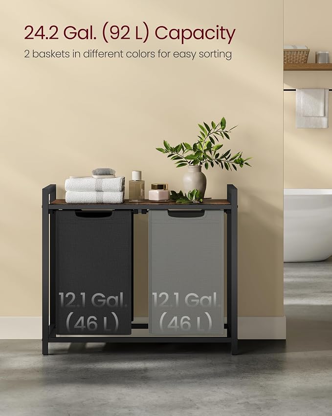VASAGLE Laundry Hamper with Shelf, 2 Pull-Out Bags, 2 x 12.1 Gallons - Image 3