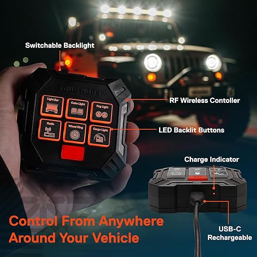 True MODS 12V DC Wireless 6 Gang Switch Panel Controller Kit [USB-C Rechargeable] Universal Pre-Wired Waterproof Fuse Relay Switch Box Aux Control for Automotive Vehicle Car Marine Boat Jeep UTV RV