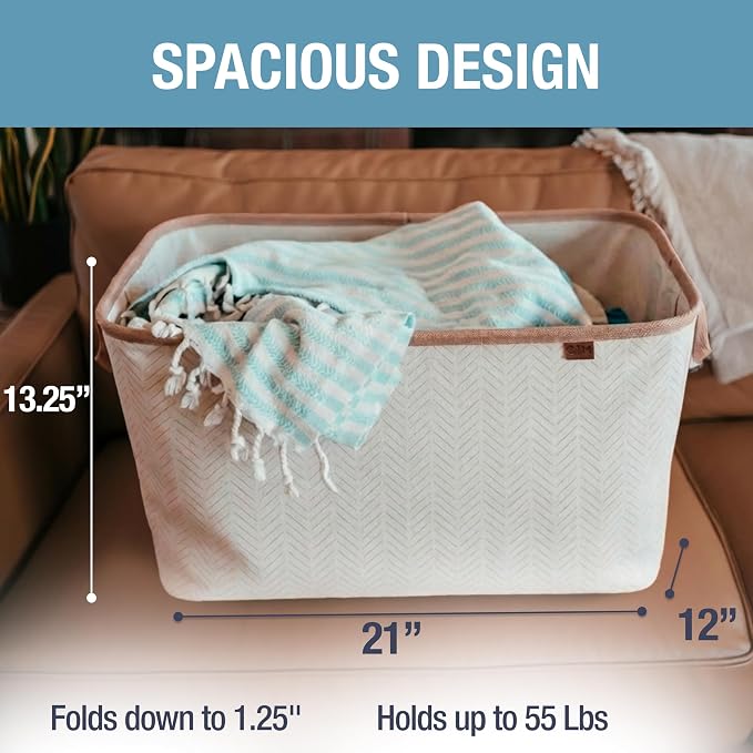 Collapsible Fabric Laundry Basket Premium, Cream Herringbone, 2 Pack - Image 3