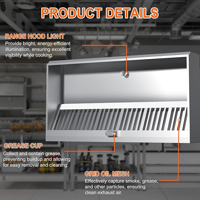 Commercial Exhaust Hood 6 FT Stainless Steel Concession Trailer Hood with 4 Removable Hood Filters(No Motor), Grease Cup and 1 Hood Light, Rust Resistant Vent Hood for Commercial Kitchen, NSF Listed