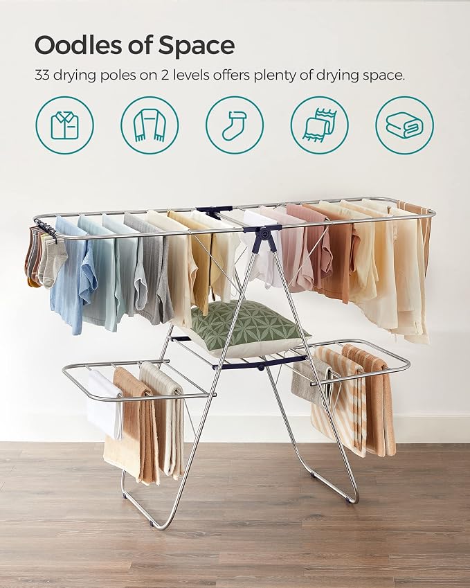 SONGMICS Clothes Drying Rack, Foldable 2-Level Laundry Drying Rack | - Image 4