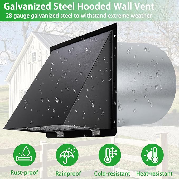 4 Inch Dryer Vent Cover Outside,Dryer Vent Cover Outdoor Wall Vent Hood Dryer Exhaust Vent Cap,Hooded Wall Vent with Screen & Damper,Wall Mount Extractor Vent for Dryer Duct AC,Galvanized Steel,Black