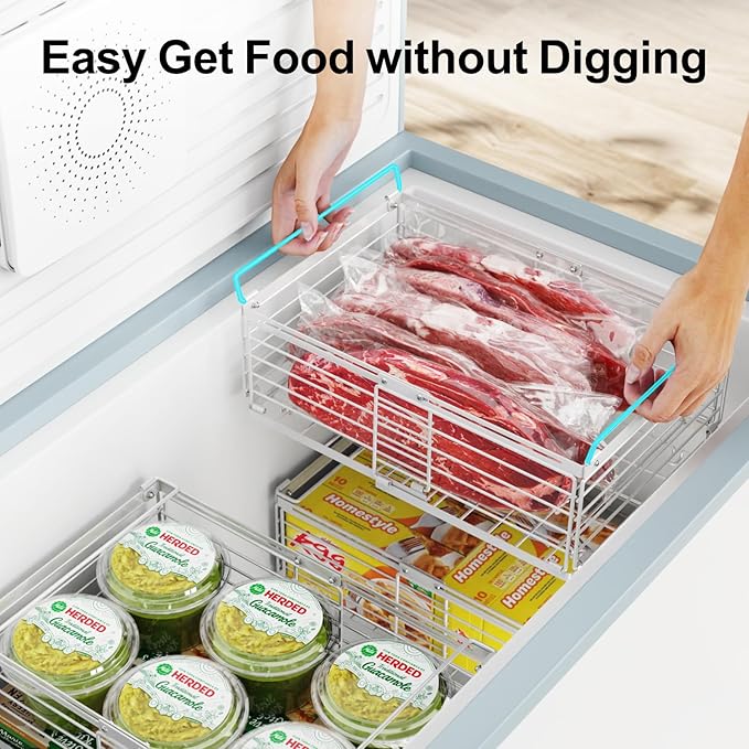 iSPECLE 4 Pack Freezer Organizer Bins, Adjustable Wire Baskets for 10 to 20 Cu.Ft Chest Freezer, Stackable Storage with Handles, Deep Freeze Organizer for Meat & Vegetables, White