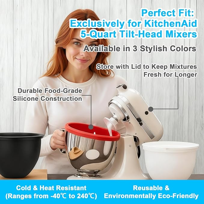 Silicone Bowl Insert Compatible with 5 Qt KitchenAid Tilt-Head Mixer, Food-Grade Non-Slip Bowl Liner, Dishwasher Safe & Easy to Clean Replacement Accessory (Red)