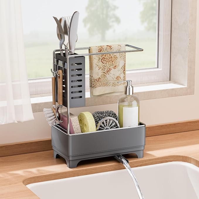 MOUKABAL 2-Tier Sponge Holder for Kitchen Sink, Sink Caddy Organizer Grey - Image 7