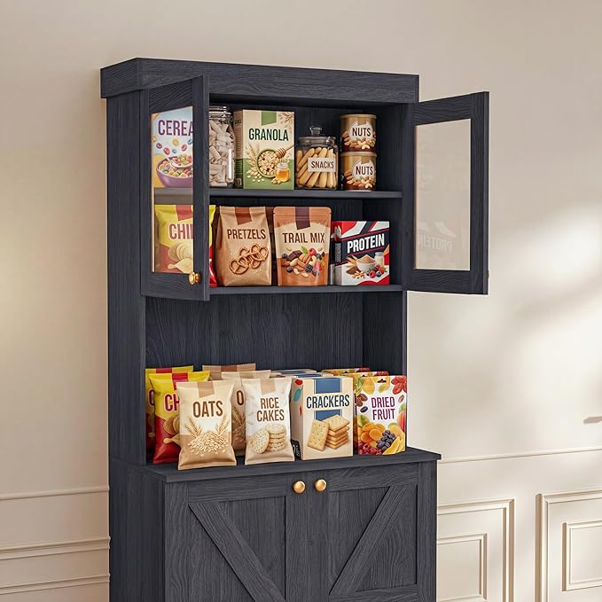 Vyre 71" Farmhouse Kitchen Pantry Cabinet, Black Freestanding Coffee Bar Hutch with Glass Doors & Adjustable Shelves, Large Storage Cabinet with Microwave Stand for Living Room & Kitchen