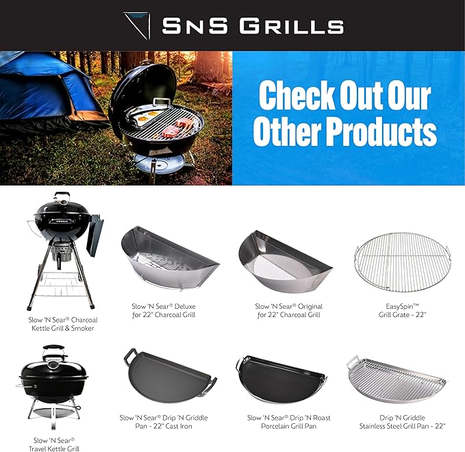 SnS Grills Drip 'N Griddle Pan 26" - Extra Large 3-in-1 Charcoal Grill Accessory for Searing, Dripping, and Griddling, Stainless Steel BBQ Accessory - XL for 26" Weber and Other Kettle Grills