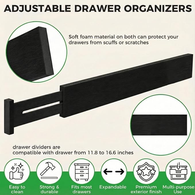 4 Pack Bamboo Drawer Dividers 2.6" High, Adjustable from 12 Inch to 17 Inch | - Image 2