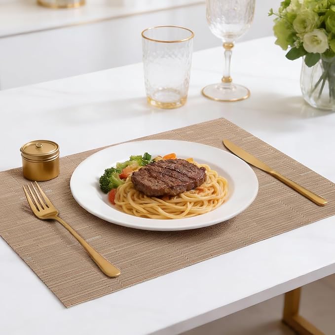 Timeet Placemats Set of 4, Heat Resistant Non-Slip Place Mats, Durable Washable PVC Vinyl Woven Table Mats, Linen Textured Table Placemats for Dining Kitchen Resistant Easy to Clean(Brown)