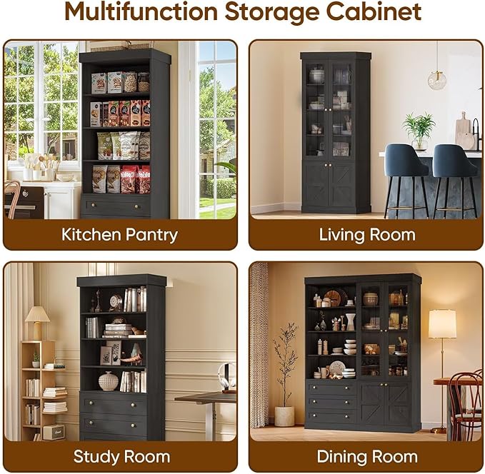 Vyre 71" Tall Farmhouse Kitchen Pantry, Set of 3 Large Storage Cabinets with Glass Doors, Adjustable Shelves, Wood Versatile Hutch Cabinet for Living Room, Dining Room, Black