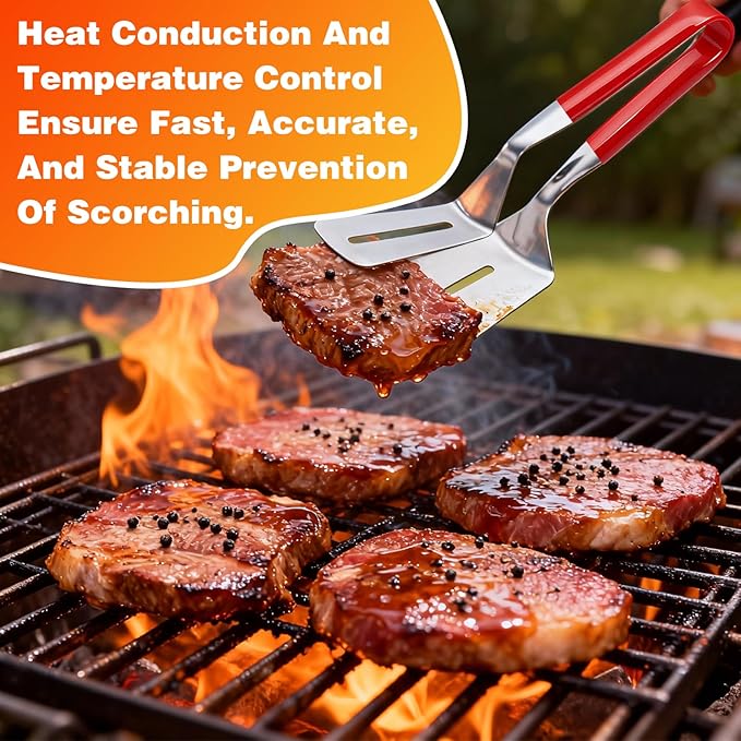 2Pcs Double-Sided Stainless Steel Grill Clamp Spatula, All-Purpose Shovel Clip, Upgrades Anti-Scald Extended Handle Spatula Tongs, for Grilling Meat, Fish and Pancakes with Non-Slip Grip