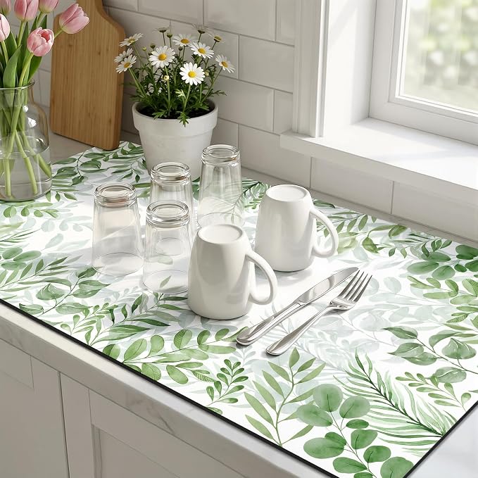 LOKHOM 17"x32" Dish Drying Mat， Green Plant Coffee Mat | Floral Butterfly Prints - Image 9