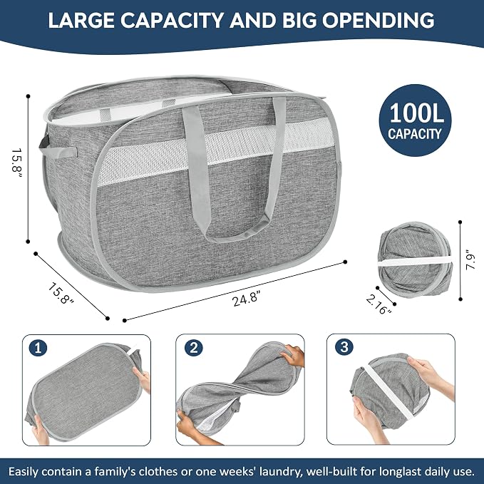 100L Collapsible Laundry Baskets, Foldable Dual Handles Laundry Hamper Grey | - Image 3