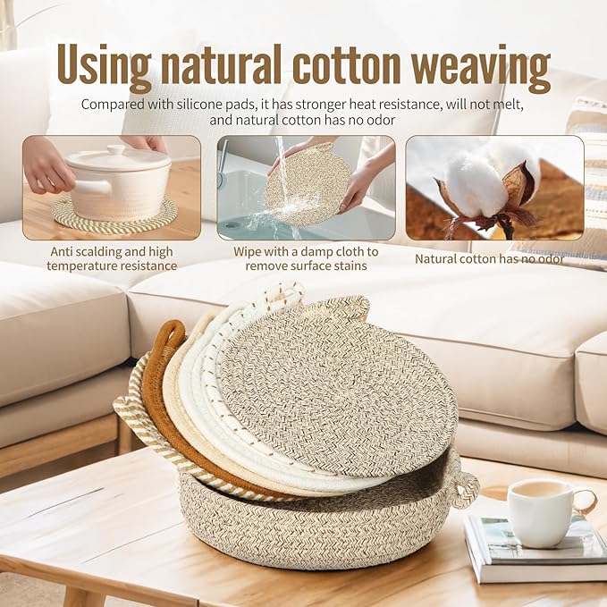 Hot Pads for Quartz Countertops with Storage Basket | 6-Pack 8-Inch Cotton Trivets for Hot Dishes & Pots | Machine Washable Farmhouse Kitchen Decor