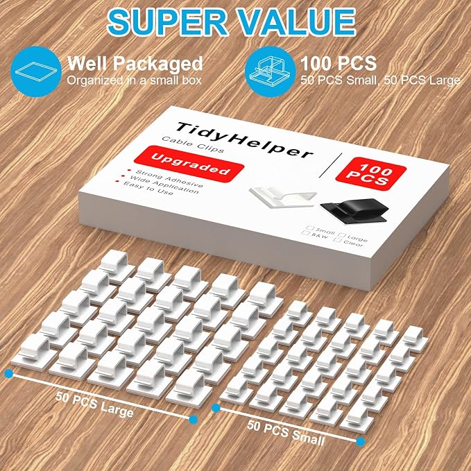 TidyHelper 100 PCS Adhesive Cable Clips White, Small & Large | Wall Wire Holder - Image 2