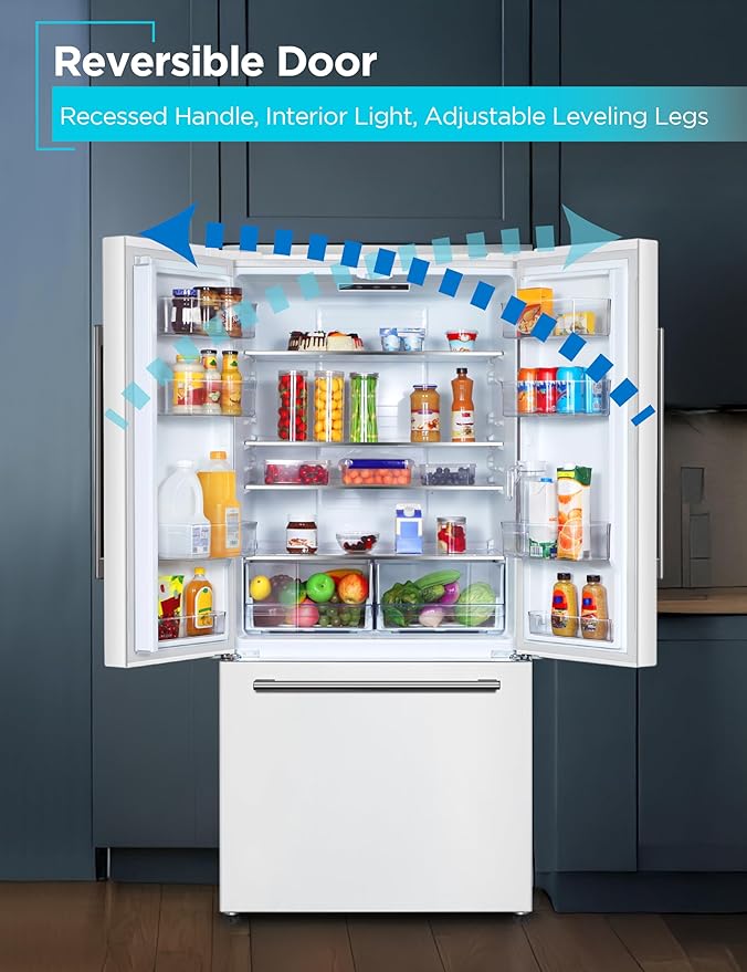 BLACK+DECKER 18 Cu. Ft. French Door Refrigerator with Built-in Ice Maker, Full Size Refrigerator with Bottom Mount Freezer Drawer, Frost Free, ENERGY STAR certified, BRF1800GIMW, White