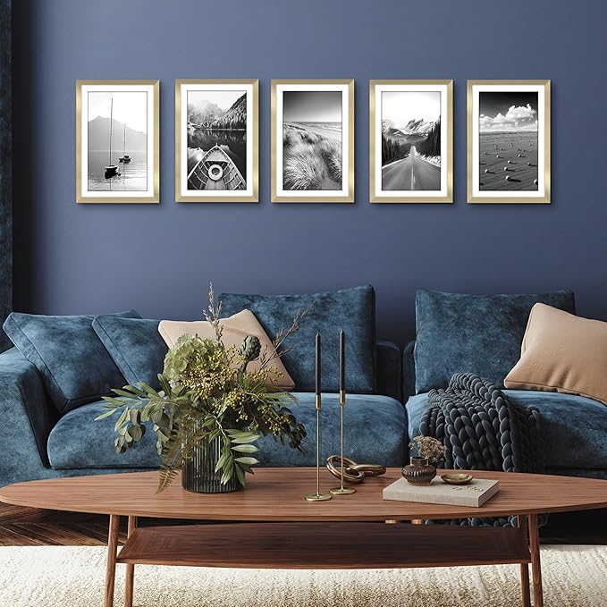 Americanflat 11x17 Picture Frame with Polished Plexiglass - Set of 5 - Use as 9x15 Frame with Mat or Display 11x17 Photo Without Mat - Galleria Collection - Picture Frames for Wall Display - Gold