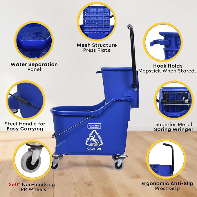 Matthew Cleaning Blue 44Quart Commercial Mop Bucket INCL.Wet String Mop& 19'' - Image 3