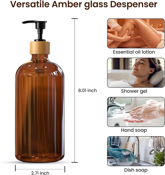 Sunrise Premium Amber Glass Soap Dispenser, Bamboo Pump - Image 3