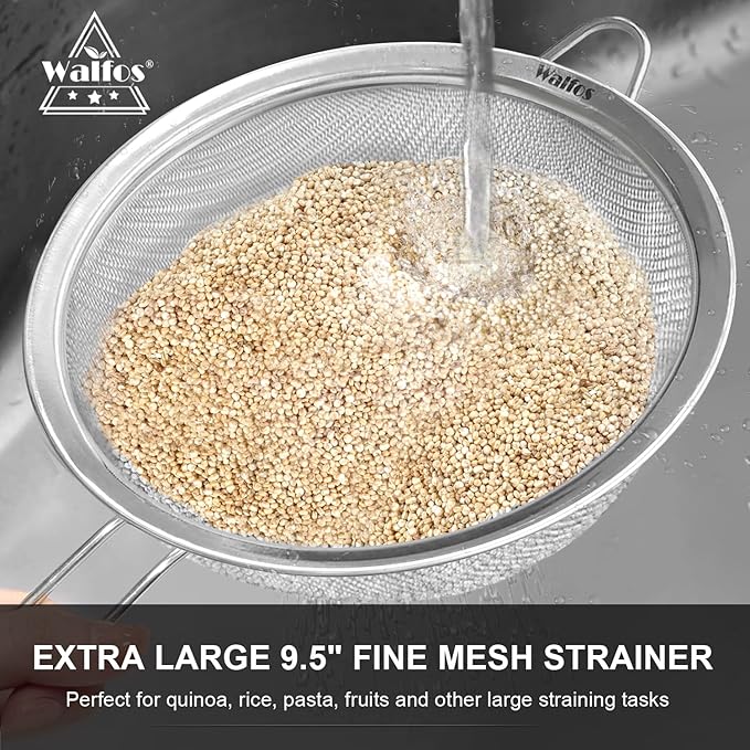 Walfos 9.35 Inch Large Fine Mesh Strainer, Stainless Steel 30 Mesh Sieve with Sturdy Handle, Kitchen Food Strainers Sifters for Rice, Quinoa, Pasta, Fruits, Vegetables, etc.