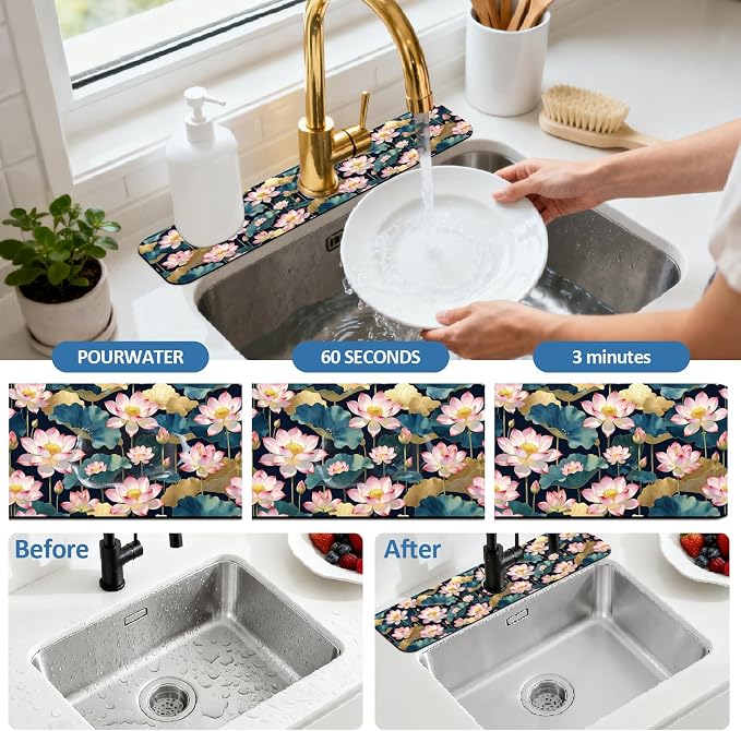 2 Pcs Watercolor Flowers Kitchen Sink Splash Guard Faucet Mat Green Plants - Image 5