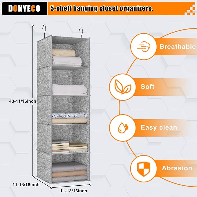 Hanging Closet Organizer 5-Shelf, Oxford Linen Wardrobe Storage, shoes & - Image 3