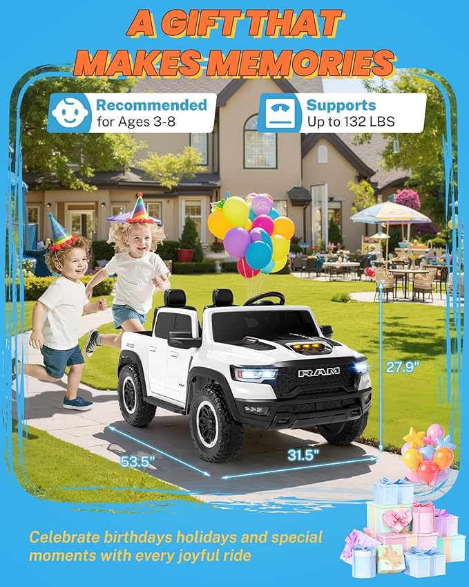 ENYOPRO 24V Ride on Toys for Big Kids, Licensed RAM 1500 RHO 2 Seater Toddler Ride on Car w/Remote Control, Kids Electric Car w/Truck Bed Storage, Real Tailgate, Music, LED Lights (White - High Door)