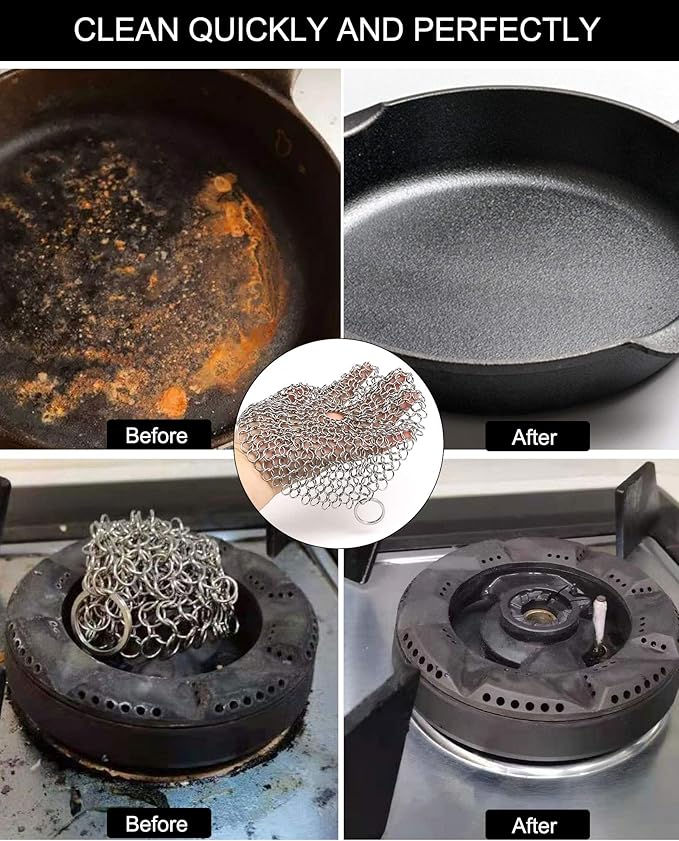 Cast Iron Skillet Cleaner Chainmail,2 Pack Premium Stainless Steel Chain Maille Scrubber for Cast Iron Pans,Stainless Steel,Glassware(7IN &5IN Round)