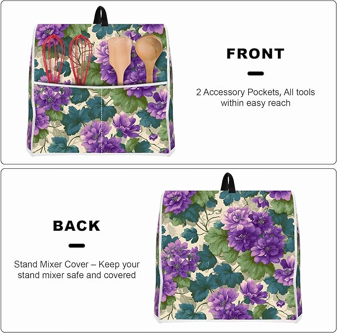 Stand mixer cover with handle and storage bag, reusable and washable, stylish retro floral design, keeps kitchen countertops clean and tidy (fits 6-8 quart mixers).