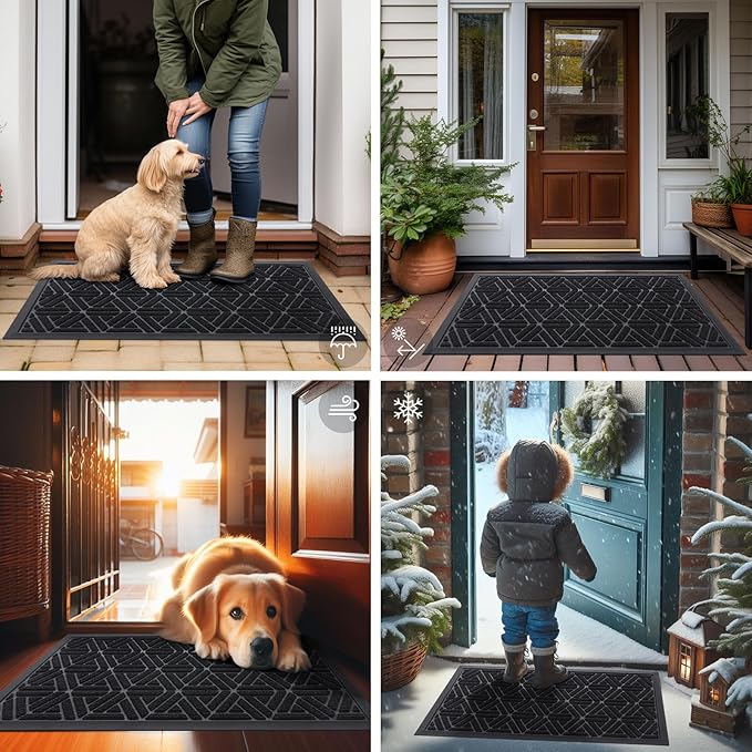 Smiry Front Door Mat Outside Entrance, Heavy Duty Sturdy Natural Rubber Doormat, Trap Dirt and Moisture, Easy Clean Low Profile Mats for Indoor Outdoor Entry, Grid Geometric (59x34, Black)