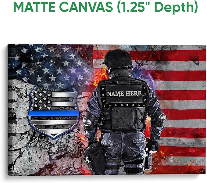 Personalized Police Poster & Framed Canvas, Thin Blue Line American Flag Patriotic Home Office Decor, Custom Name Bedroom Living Room Aesthetic Wall Art Gift For Policeman, Law Enforcement