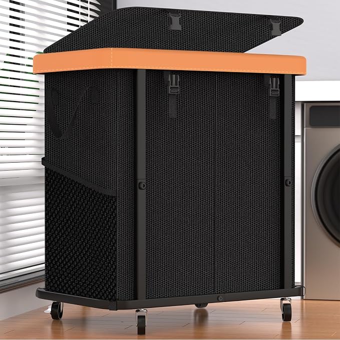Laundry Basket with Wheels, 190L Leather Patchwork Laundry Hamper 2 Setion by Unlockyourhomestoragelife