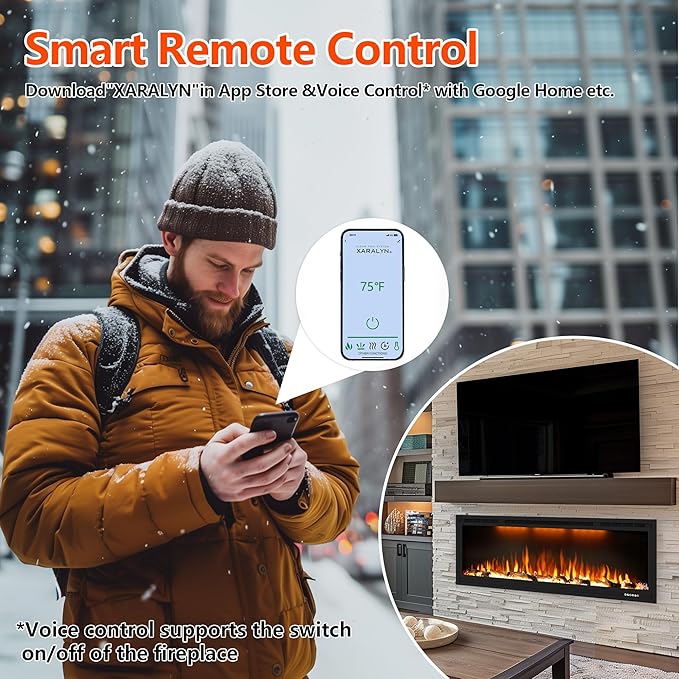 Smart 50 inch WiFi-Enabled Electric Fireplace Inserts, Wall Mount & in Wall recessed Fireplace Heater, w/Realistic Log &Crystals, Adjustable Flame Color, Thermostat and Timer, 750W/1500W, Black