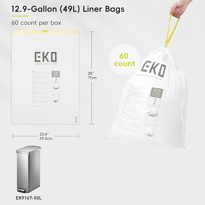 EKO 12.9 Gallon / 45-49 Liter, Extra-Strong Unscented Garbage Bags, - Image 7