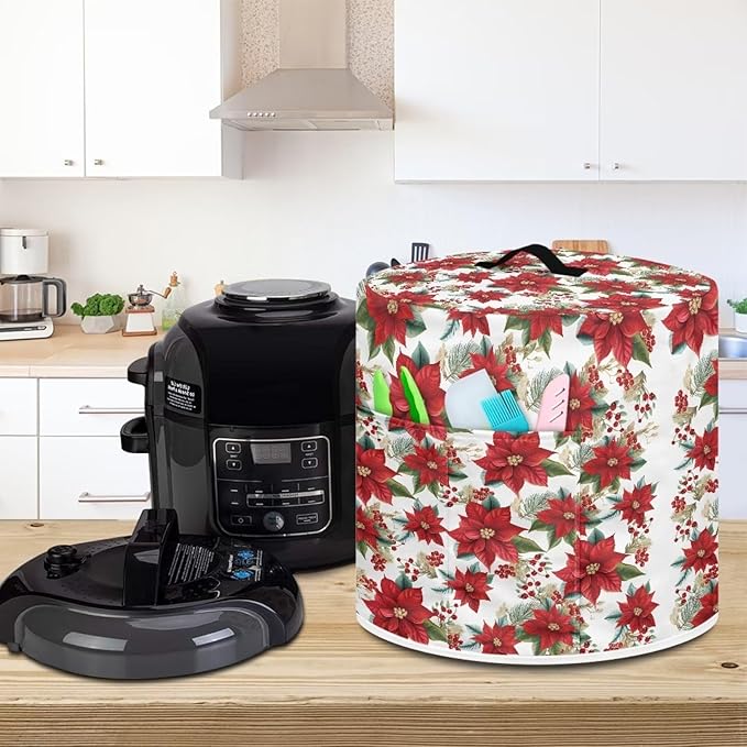 Dust Cover for Kitchen Instant Pot, for 8 Quart Pressure Cooker Air Fryer Rice Cooker Kitchen Appliance Dust Protection with Storage Pocket Christmas Decoration, Red Poinsettia Flower