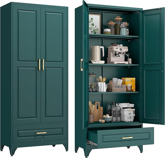 75” Kitchen Pantry Storage Cabinet,Metal Tall Storage Cabinet with Drawers and Adjustable Shelves,Modern Kitchen Hutch Cabinets,Freestanding Cupboard for Living Room,Green
