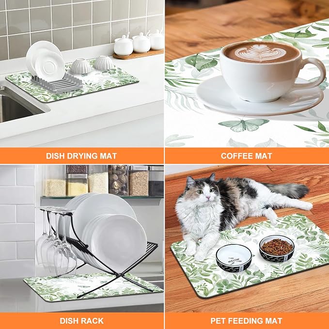 LOKHOM 12"x20" Dish Drying Mat， Green Plant Coffee Mat | Floral Butterfly Prints - Image 5