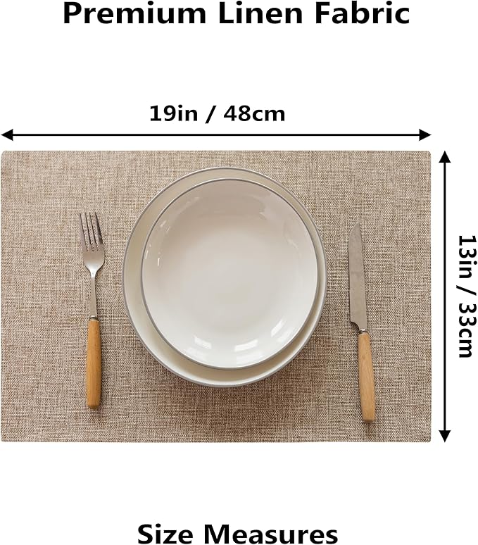 Demetex Linen Placemats Set of 6 Heat Resistant Wipeable Cloth Table Place Mats for Dining Table Indoor Restaurants, 13 x 19 inches, Linen