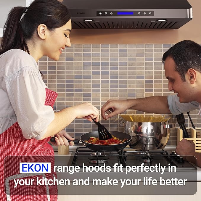 EKON 42 inches Black Under Cabinet Range Hood, 900 CFM Stainless Steel Kitchen Chimney Vent, 4 Speed Touch Screen Control With Remote 2Pcs 3W LED lights Dishwasher-safe Filters Fan Timer