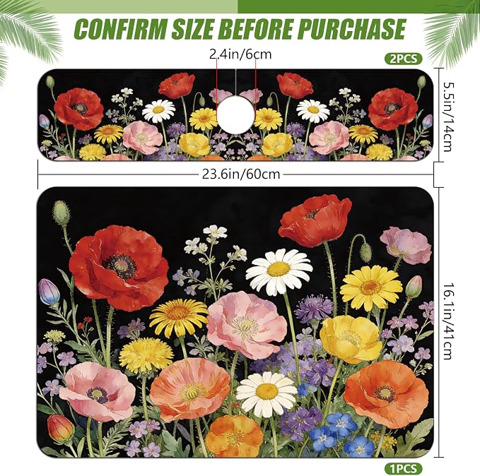 3 Pcs 2 Size Kitchen Sink Splash Guard Faucet Mat Wildflower Pattern Faucet Mats - Image 2