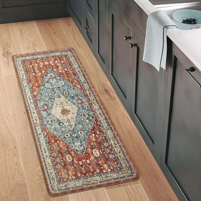Collive Boho Cushioned Kitchen Mat, Comfort Anti Fatigue Mats for Kitchen Floor, Standing Desk Mat for Kitchen, Office, Laundry, Sink, 17”x47” Red Non-Skid Waterproof Kitchen Rugs