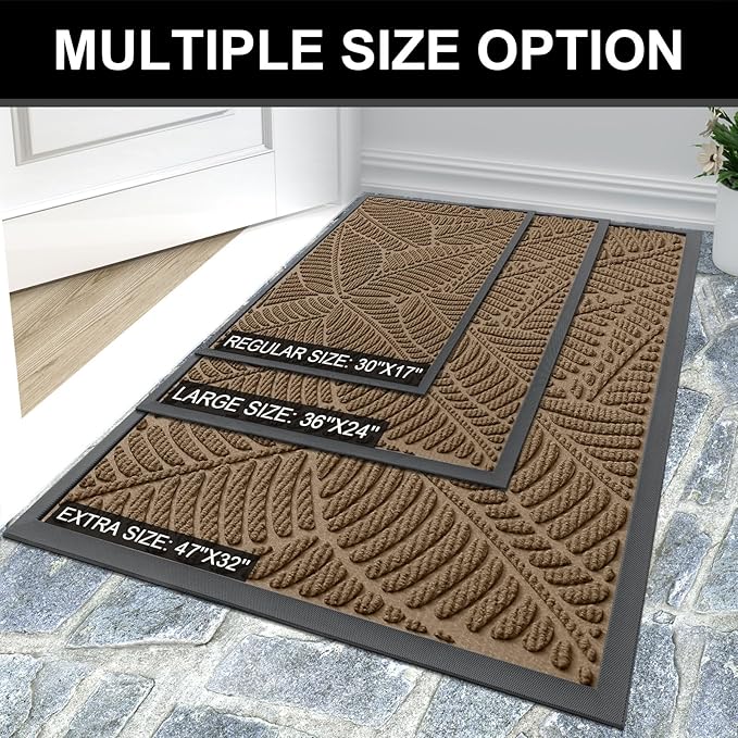 Colorxy Waterproof Doormat, Sturdy Natural Rubber Front Indoor Mat, Non Slip Low Profile Outdoor Door Mat, Stain and Fade Resistant Floor Mats, Easy Clean Patio Entry Mat, 48''x32'', Light Brown