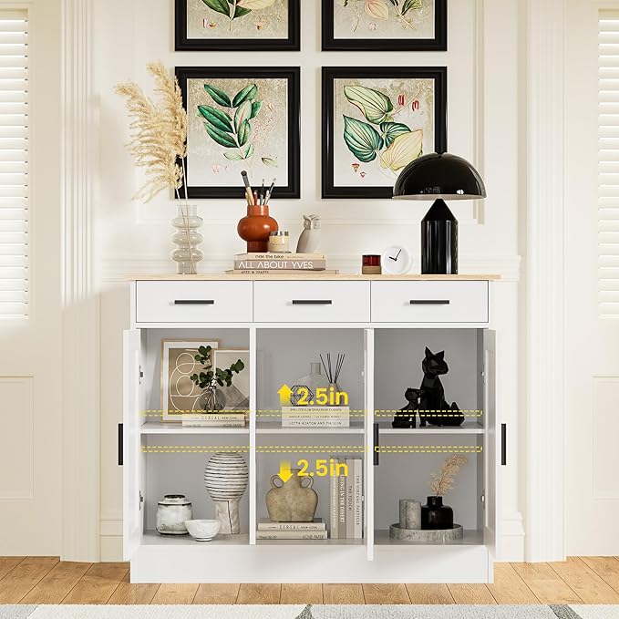 Anystyle 45" White Buffet Cabinet with Storage, Kitchen Sideboard with 3 Drawers & 3 Doors, Modern Coffee Bar Cabinet Credenza Console Table for Dining Room, Living Room, Hallway
