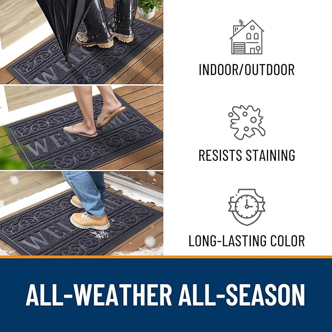 OLANLY Welcome Door Mat Indoor Outdoor Entrance, Heavy Duty Sturdy Front Door Mat, Waterproof All-Weather Doormat, Stain Resistant, Low Profile, Easy Clean Patio Entryway Mat, 59 x 35, Medium Grey