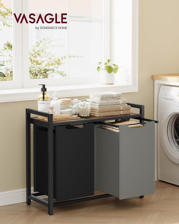 VASAGLE Laundry Hamper with Shelf, 2 Pull-Out Bags, 2 x 12.1 Gallons - Image 2