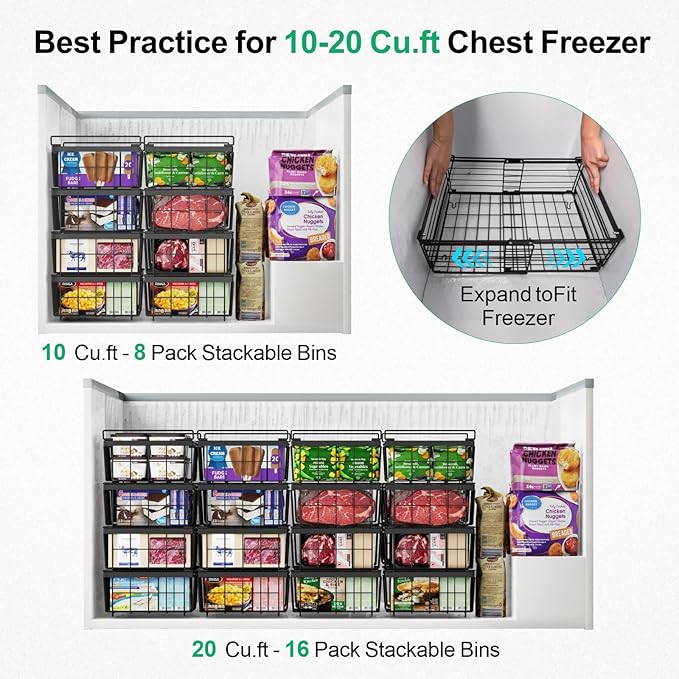 iSPECLE 4 Pack Freezer Organizer Bins, Adjustable Wire Baskets for 10 to 20 Cu.Ft Chest Freezer, Stackable Storage with Handles, Deep Freeze Organizer for Meat & Vegetables, Black