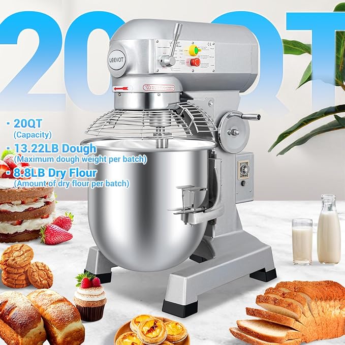 20Qt 1100W Commercial Food Mixer, Commercial mixer 3-Speed Adjustable Heavy Duty Stand Mixer with Stainless Steel Bowl for Bakery Pizzeria.