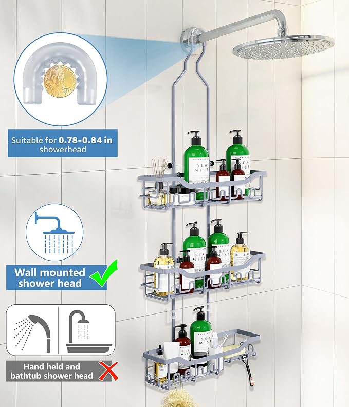 Adjustable Shower Caddy Hanging, Extended Length Organizer Over Shower Head - Image 5